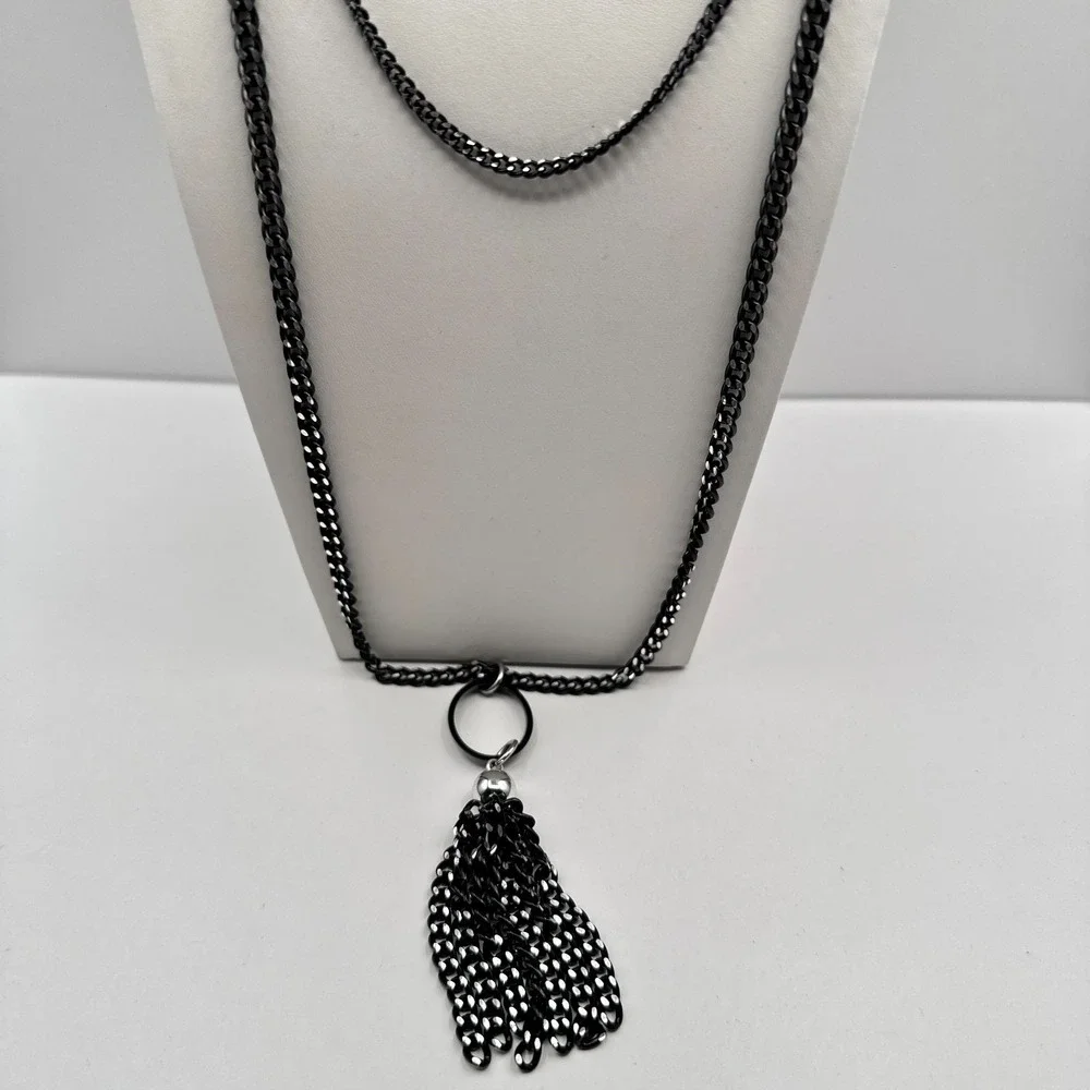 Vintage 90s Black Tassel Fringe Pendant Necklace Curb Chain Classic Jewelry Boho